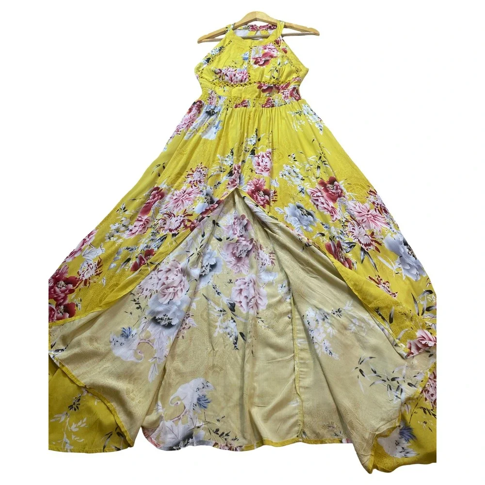 Jaase Yellow Floral Halter‎ Maxi Dress XL Crochet Smocked Vacay Tropical Boho